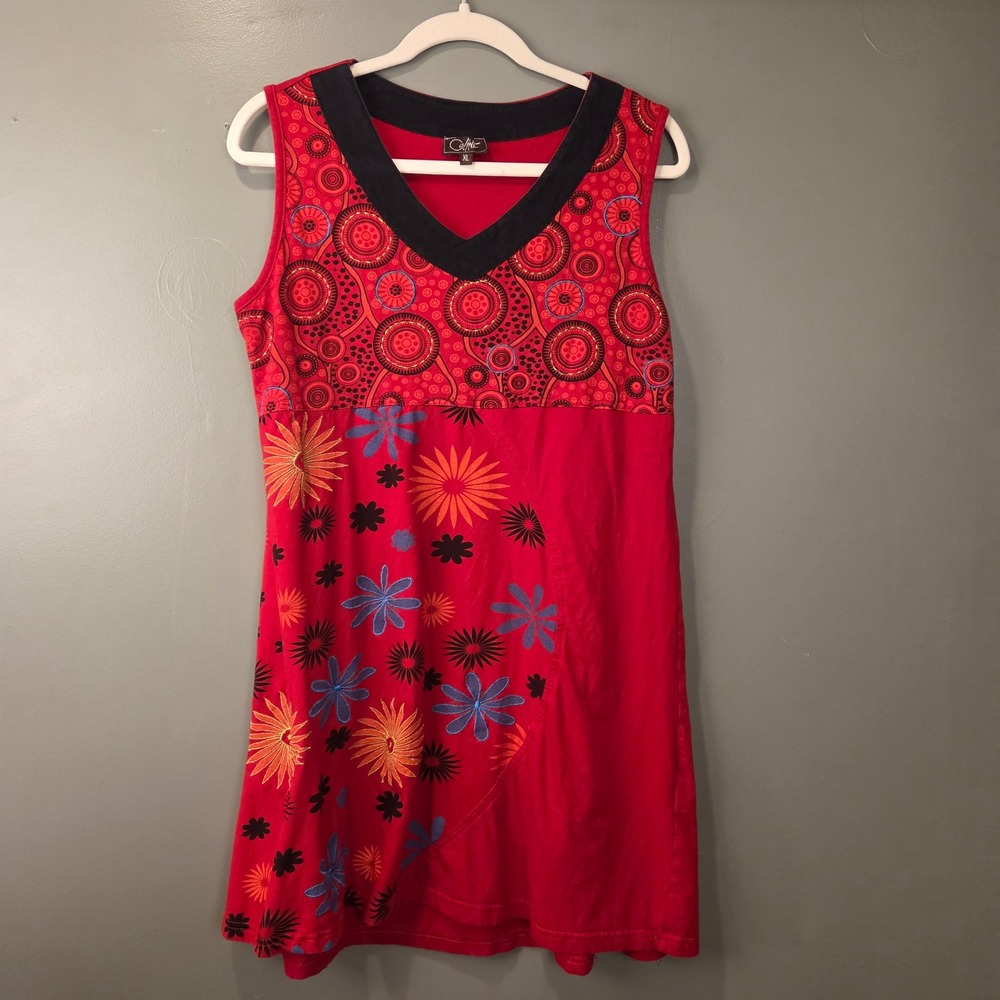 Coline Women's 100% Cotton Sleeveless Mini Dress Floral Print Size XL Red